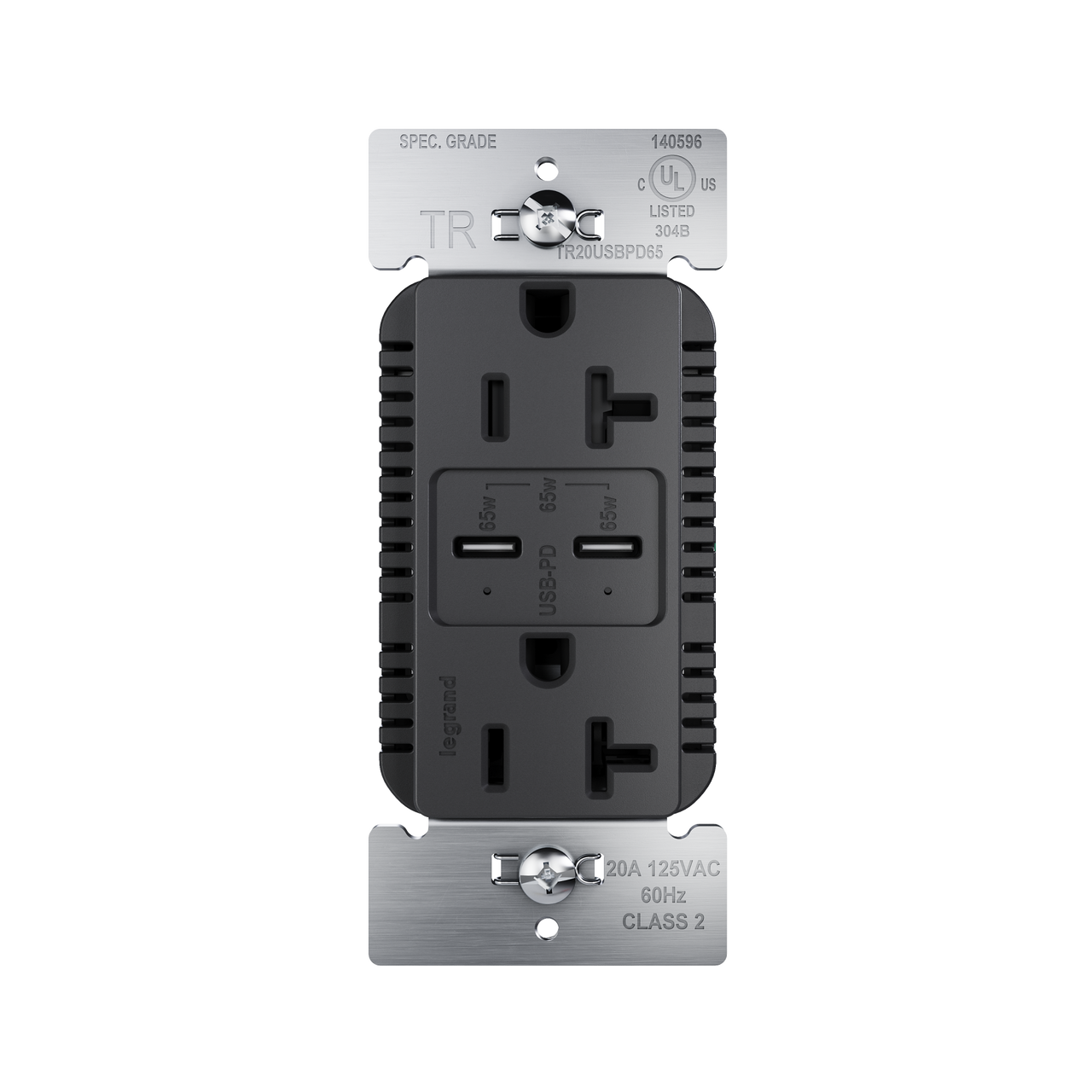 65W Commercial USB Outlet, Type C, 20A, Tamper-Resistant, Black