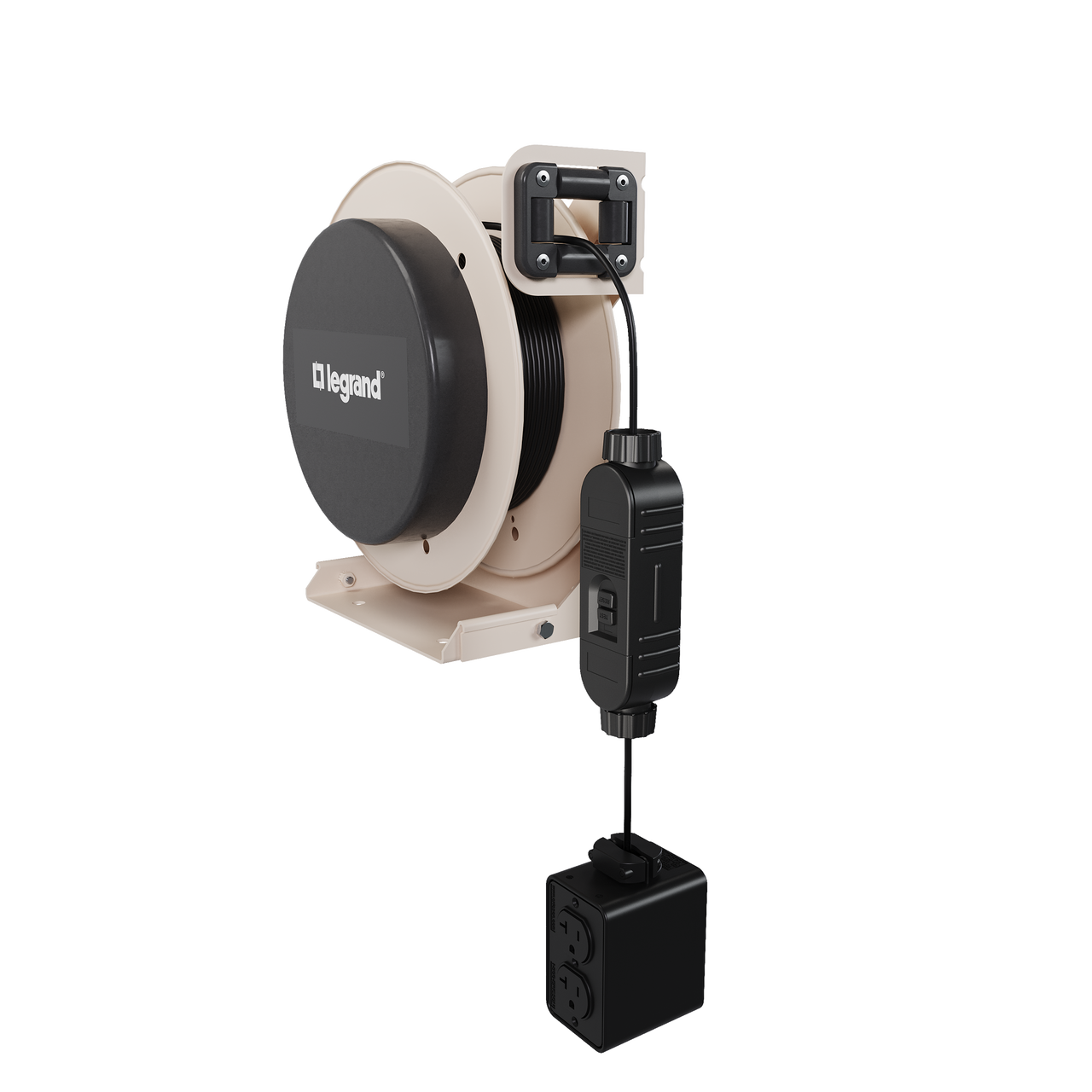 Side view of a 1000 Series industrial cable reel featuring a beige housing, black center panel with the Legrand logo, and an extended black Quad RB GFCI connector.