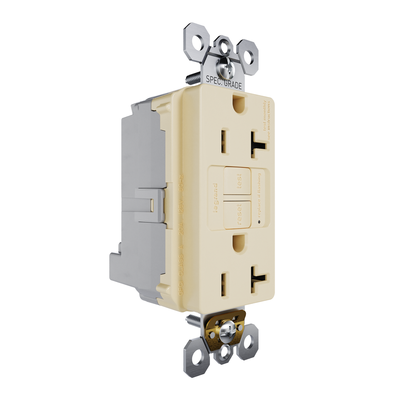 Ivory GFCI Plugtail with Feed-Through outlet, angled view showing dual receptacle face with test and reset buttons and integrated plugtail wiring terminals.