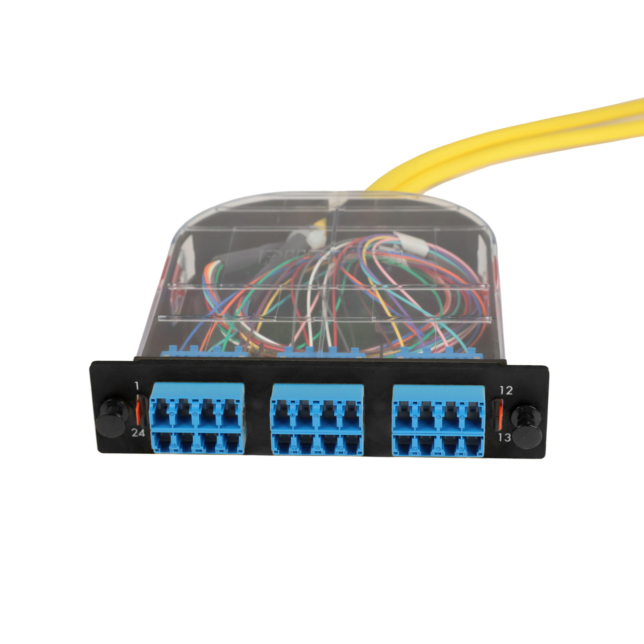LM2 Cassette, 24 Fiber, LC Quad (6), Single Mode (OS2) to 1 Meter, 900µm Tight Buffer Pigtail trimetric top.