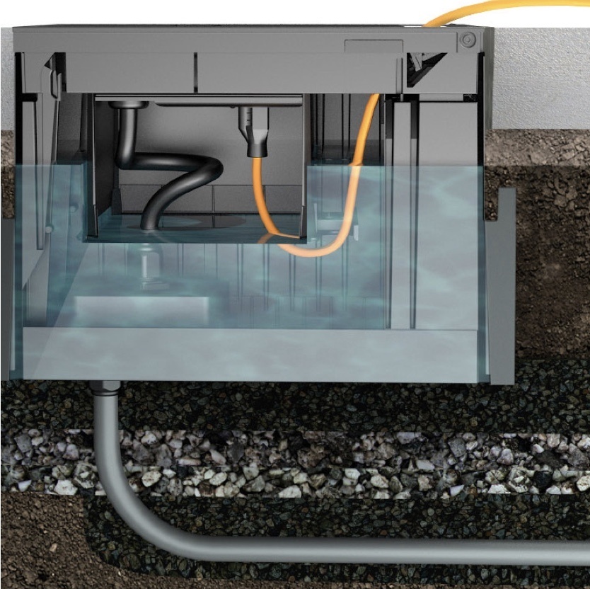 Cross-section rendering of outdoor ground box with electrical connections protected from flooding with diving bell design