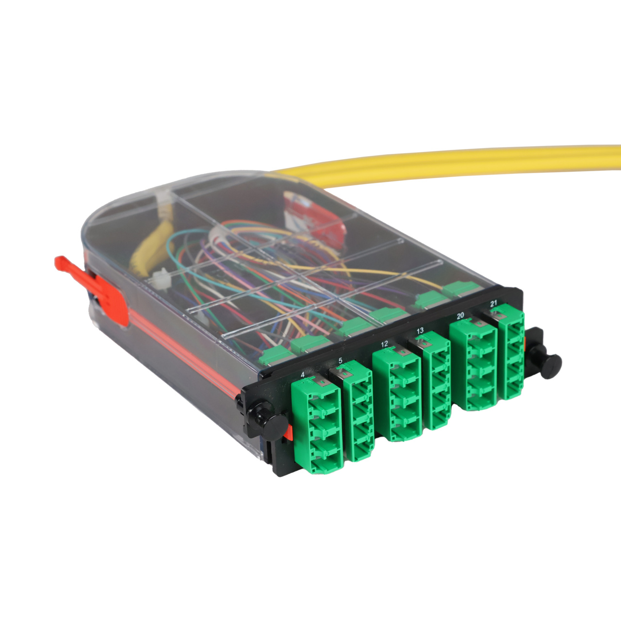 LM4 Cassette, 24 Fiber, LCA Quad (6), Single Mode (OS2) to 1 Meter, 900µm Tight Buffer Pigtail trimetric right