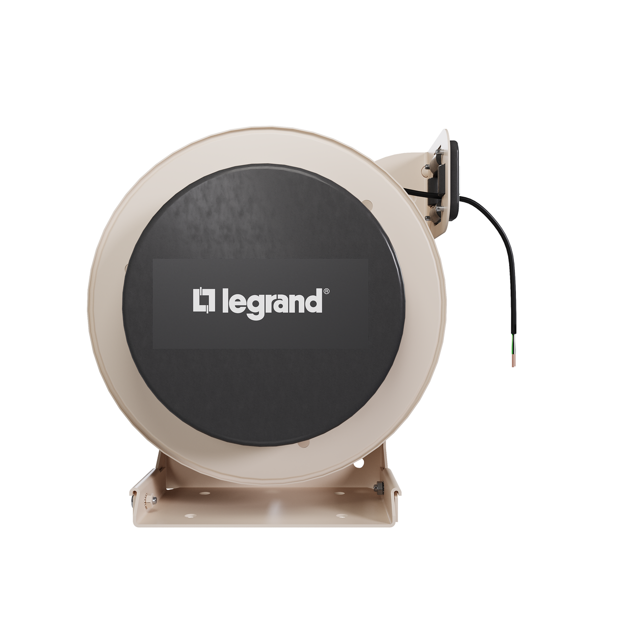 Front view of a 1000 Series industrial cable reel featuring a beige housing, black center panel with the Legrand logo with a flying lead connector.