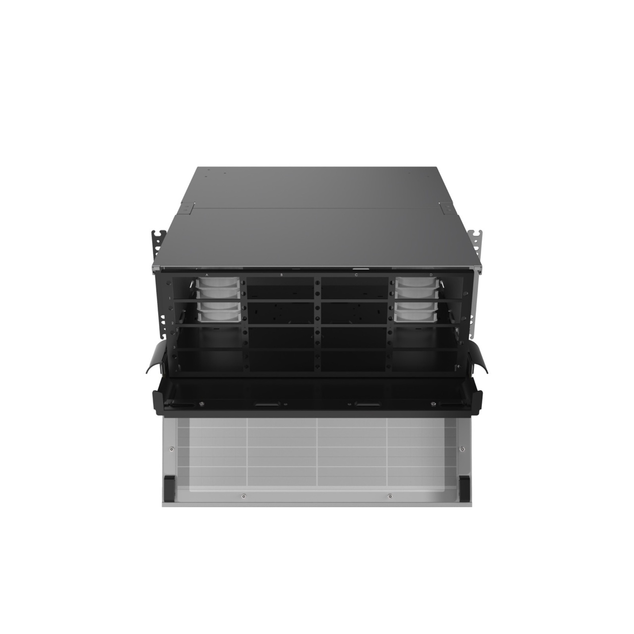 Straight, Slight Angled Down, Front Door Open View of 4U Q-series HD Magnesium Fiber Enclosure (EQ04U-KHL-M)