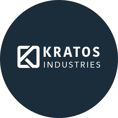 Kratos Industries logo with navy blue background