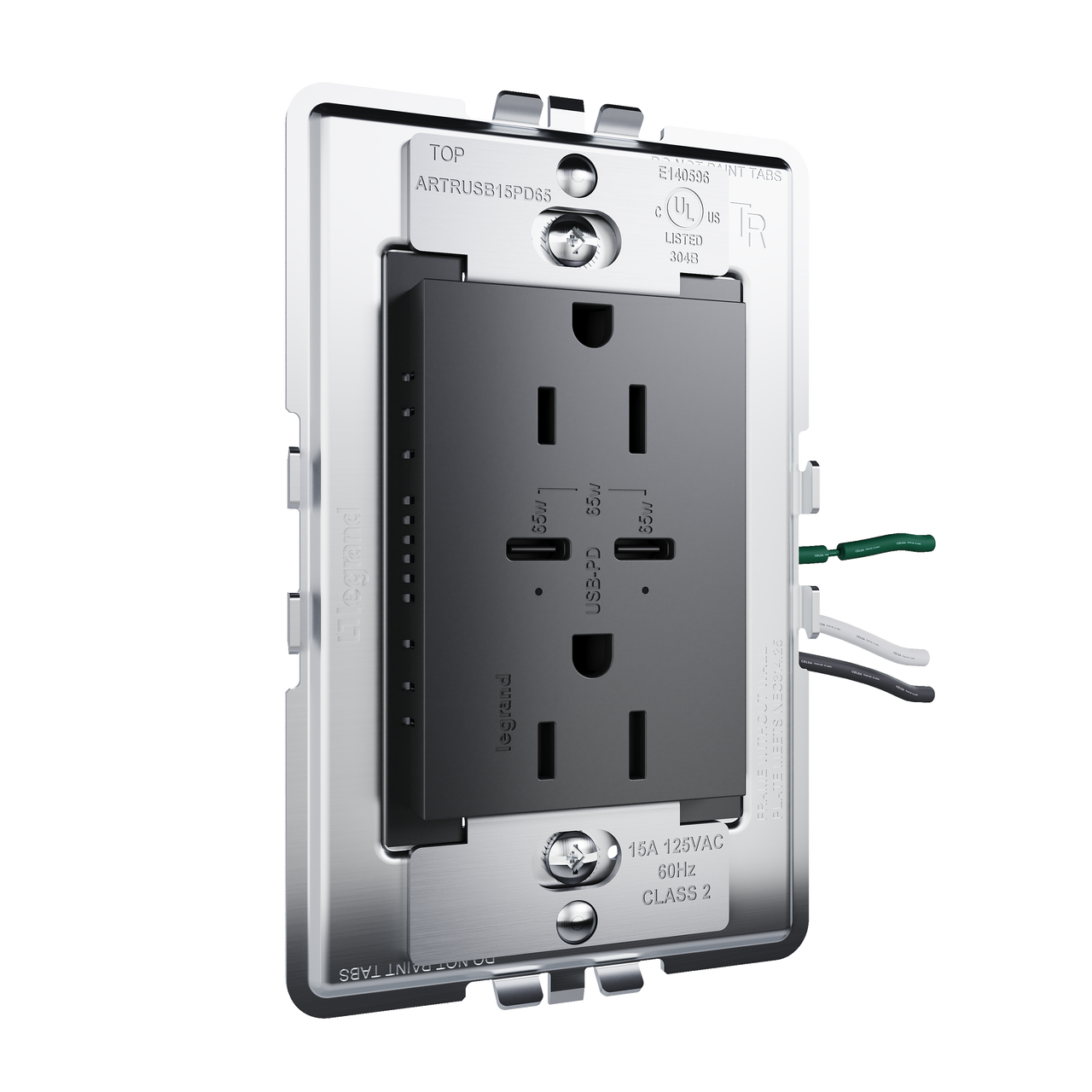 angle view from left of adorne 65w usb 15amp in graphite
