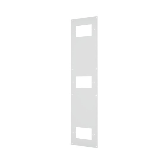 Right angle view of a three-gang faceplate for a multi service electrical ceiling panel.