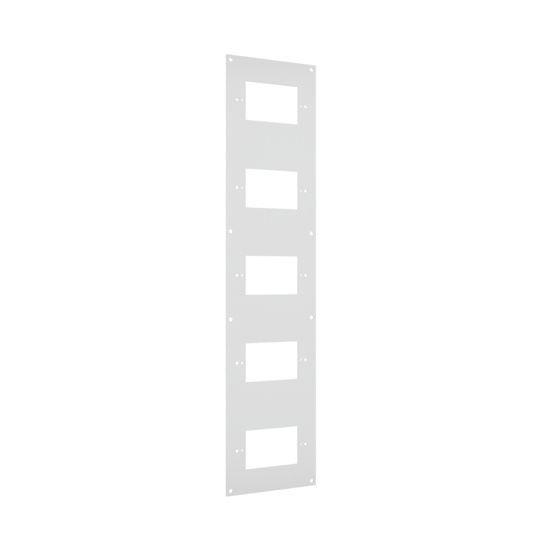 Left angle view of a five-gang faceplate for a multi service electrical ceiling panel.