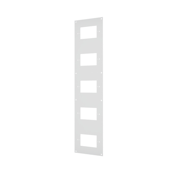 Right angle view of a five-gang faceplate for a multi service electrical ceiling panel.