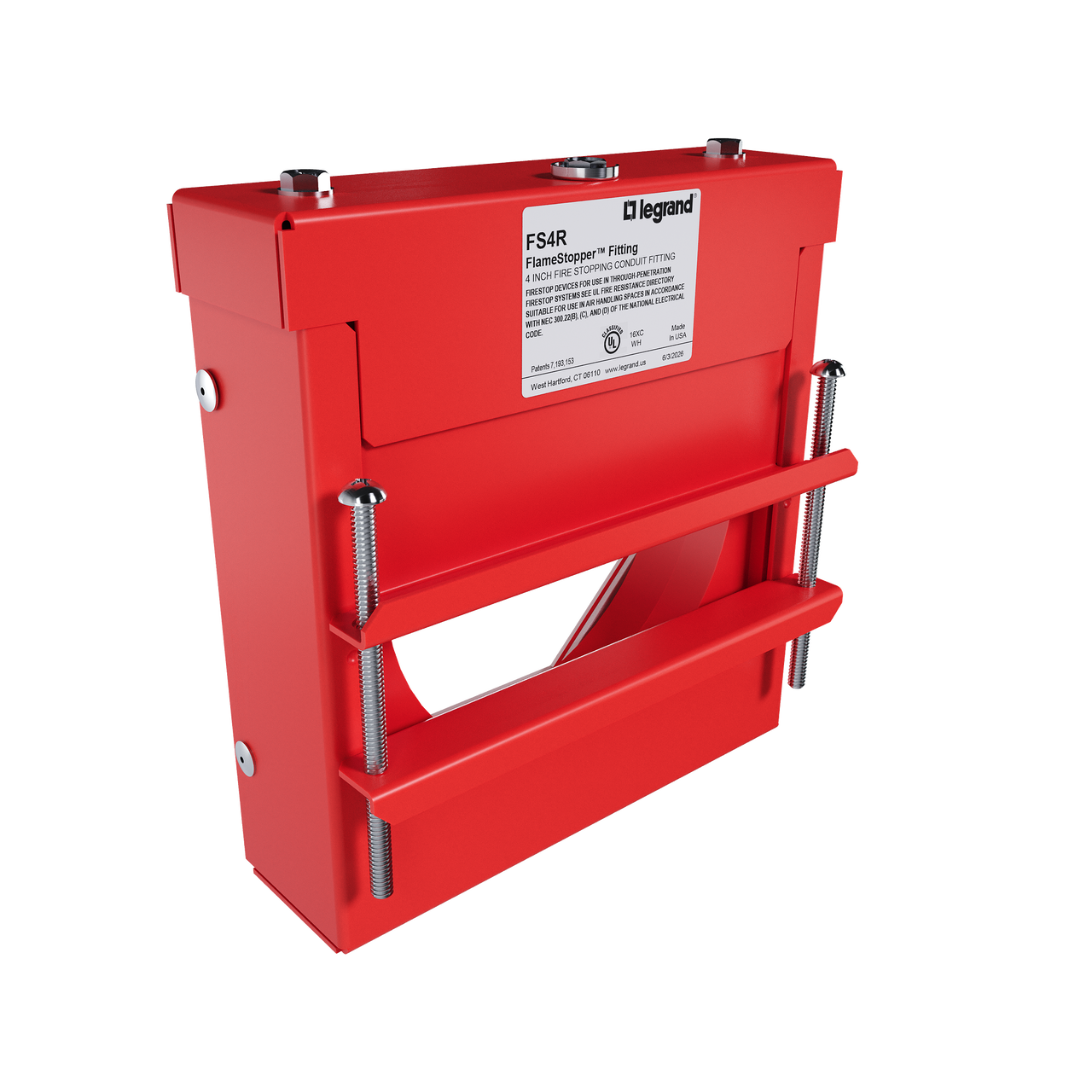 Flamestopper firestop fitting with red steel housing and adjustable mounting hardware for pipe and conduit penetrations