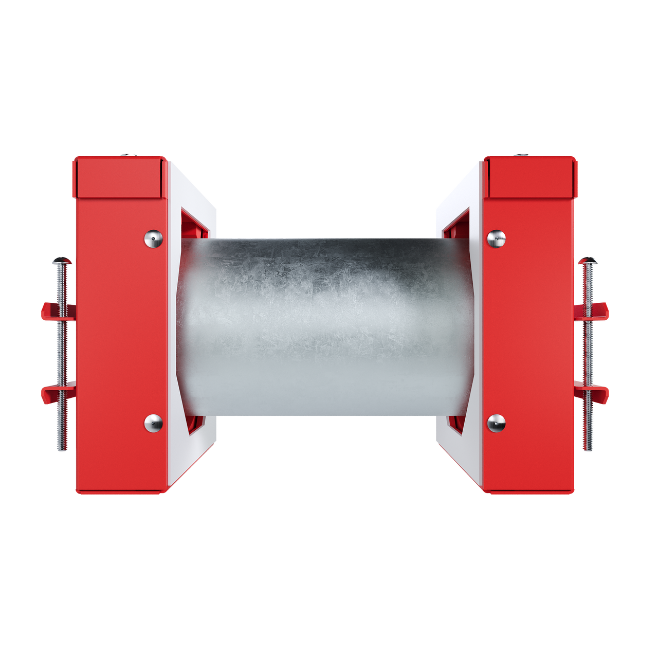 Firestop penetration seal with metal pipe and red mounting hardware