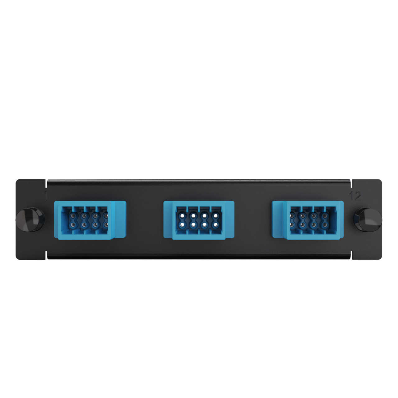 Black Q-Series fiber conversion adapter panel with blue adapter ports