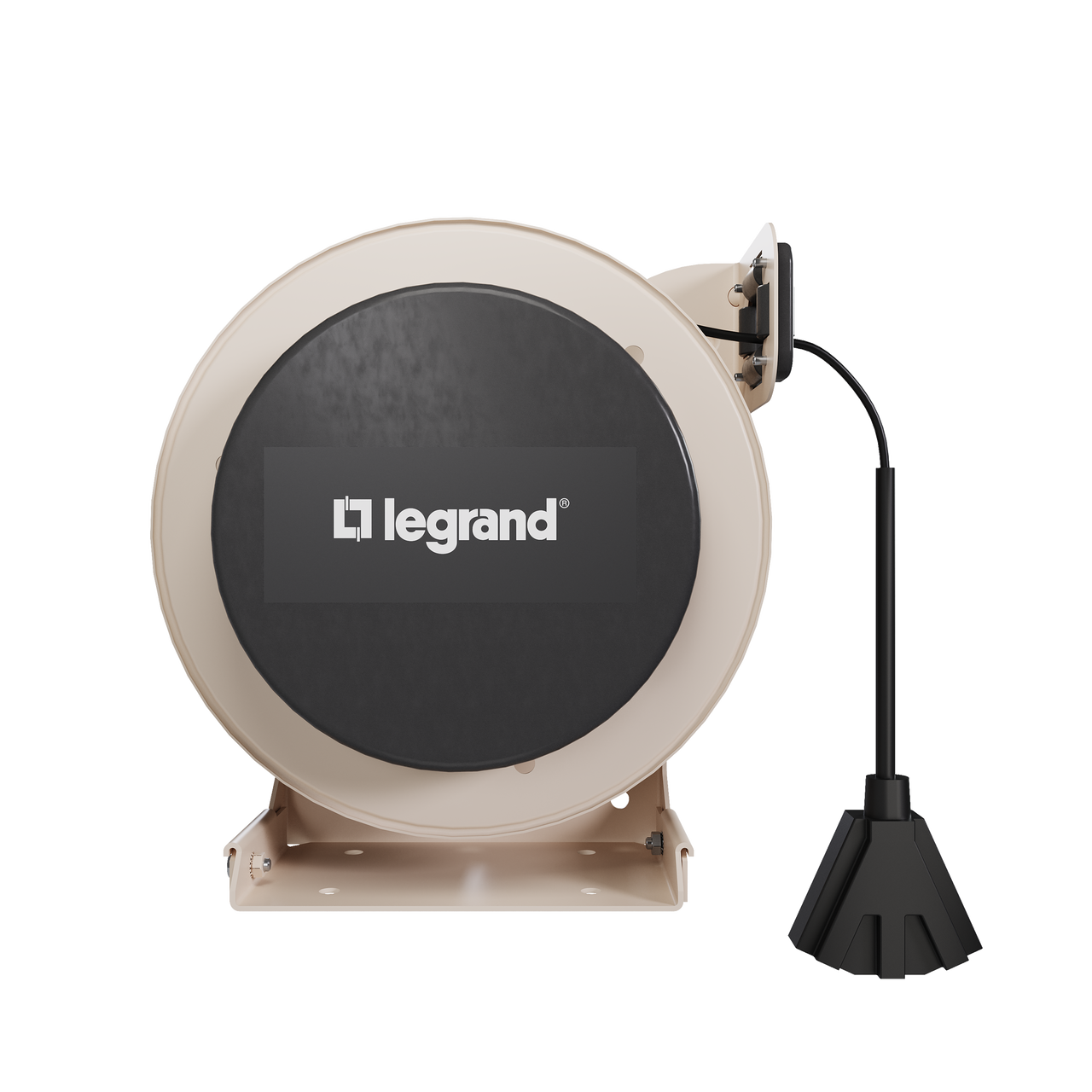 Front view of a 1000 Series industrial cable reel featuring a beige housing, black center panel with the Legrand logo, and an extended black tri-tap power connector.