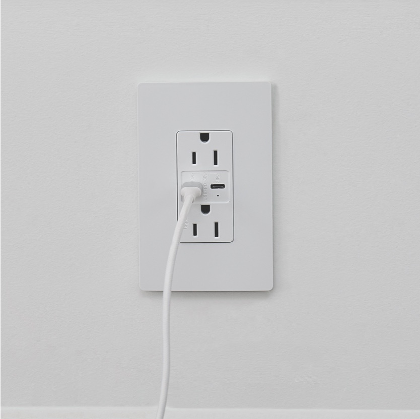 USB-C Power Delivery Outlet installed with screwless wallplate and USB cable plugged