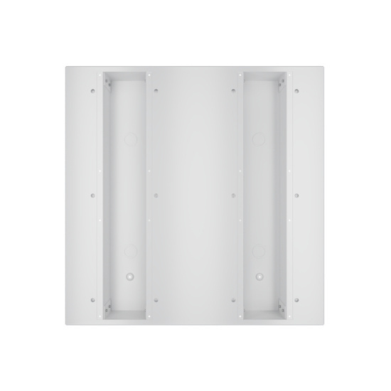 Front view of a 24-inch by 24-inch multi service electrical ceiling panel with two recessed service channels.