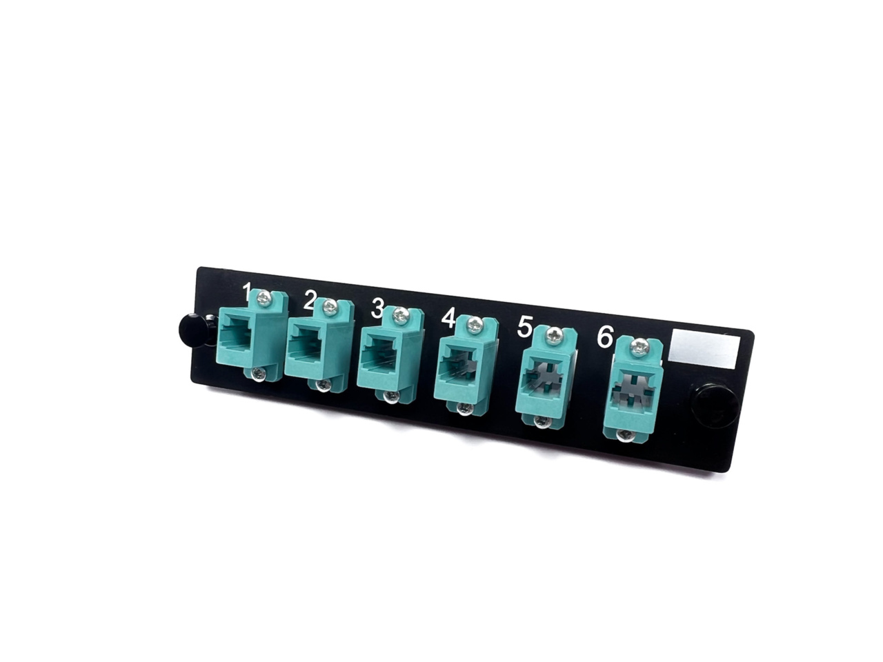 Full size image of black Q-Series OFP Standard Density Adapter Panels with six aqua cable ports followed by a white background