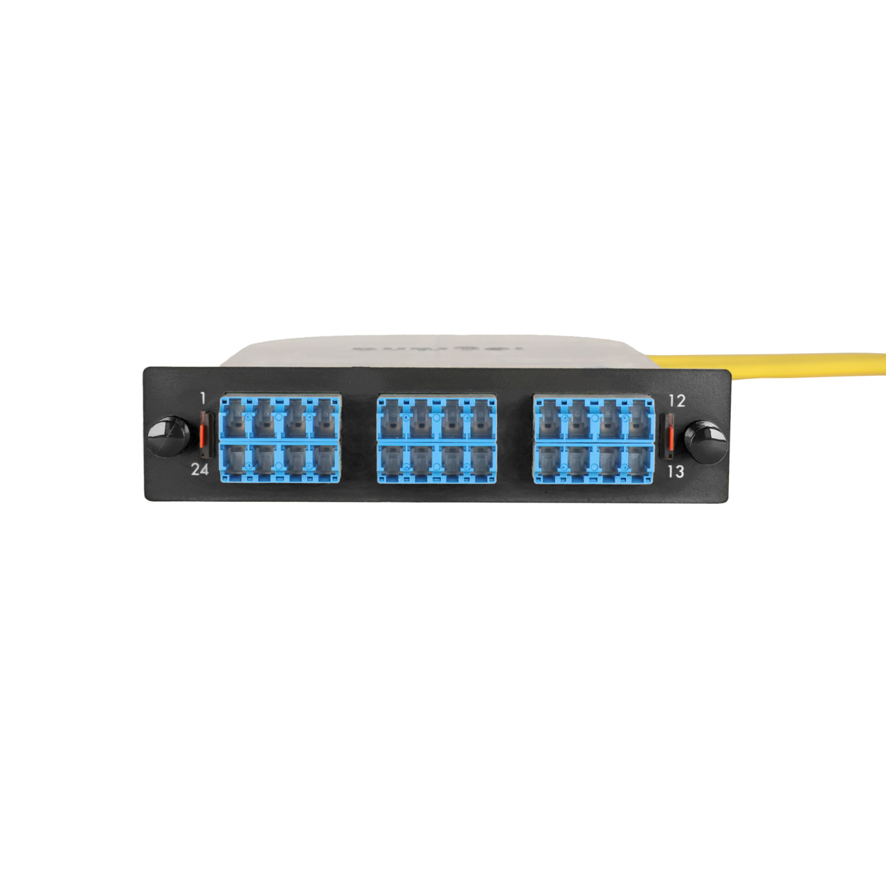 LM2 Cassette, 24 Fiber, LC Quad (6), Single Mode (OS2) to 1 Meter, 900µm Tight Buffer Pigtail front.