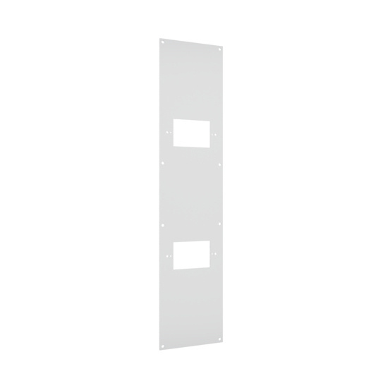 Left angle view of a two-gang faceplate for a multi service electrical ceiling panel.