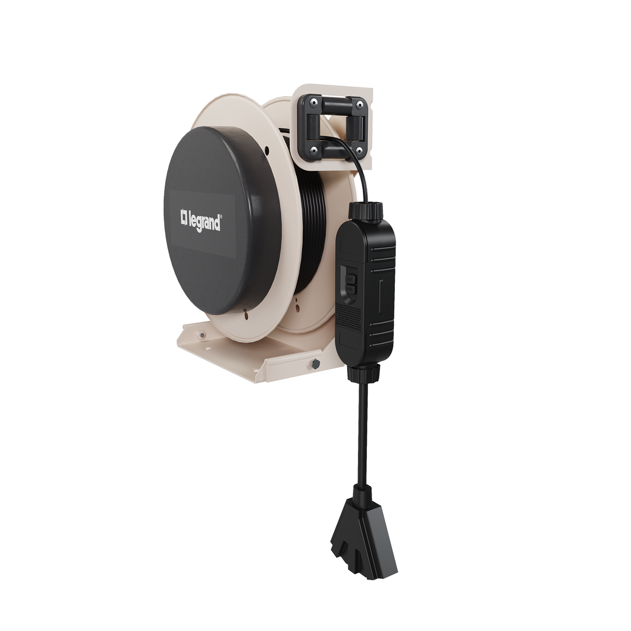 Side view of a 1000 Series industrial cable reel featuring a beige housing, black center panel with the Legrand logo, and an extended black tri-tap connector.