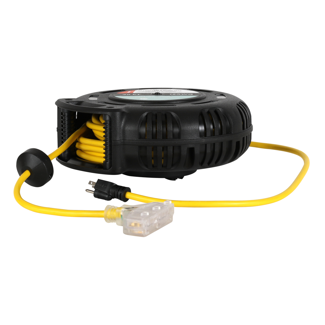 Black and yellow 800 series cable reel with a retractable extension cord, durable round housing, built-in handle and mounting bracket, and grounded plug.