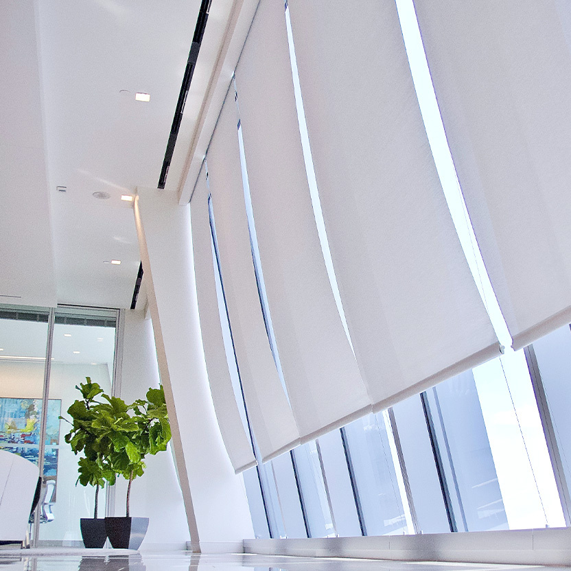 A large room with high ceilings expands far, with windows coveing the entirety of the right hand side wall and Shading Systems shades are three quarters of the way down the window wall. In the brackground, there is a tall plant thriving.