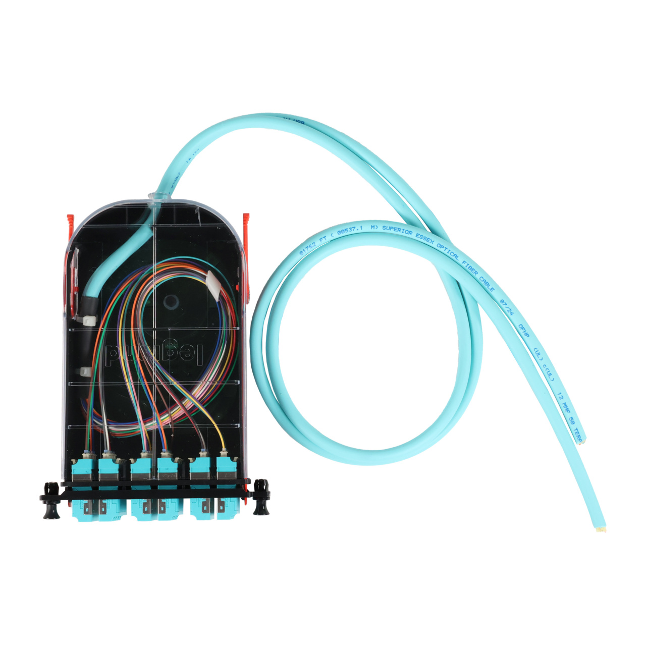 LM4 Cassette, 24 Fiber, LC Quad (6), Multimode (OM4) to 1 Meter, 250µm Ribbon Pigtail top with cable