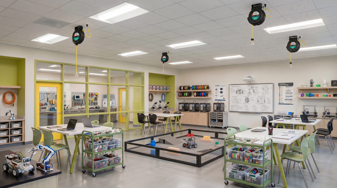 800 series cable reel mounted on the ceiling in a modern classroom, with a retractable yellow power cord extending down to provide convenient overhead power for workstations and equipment.