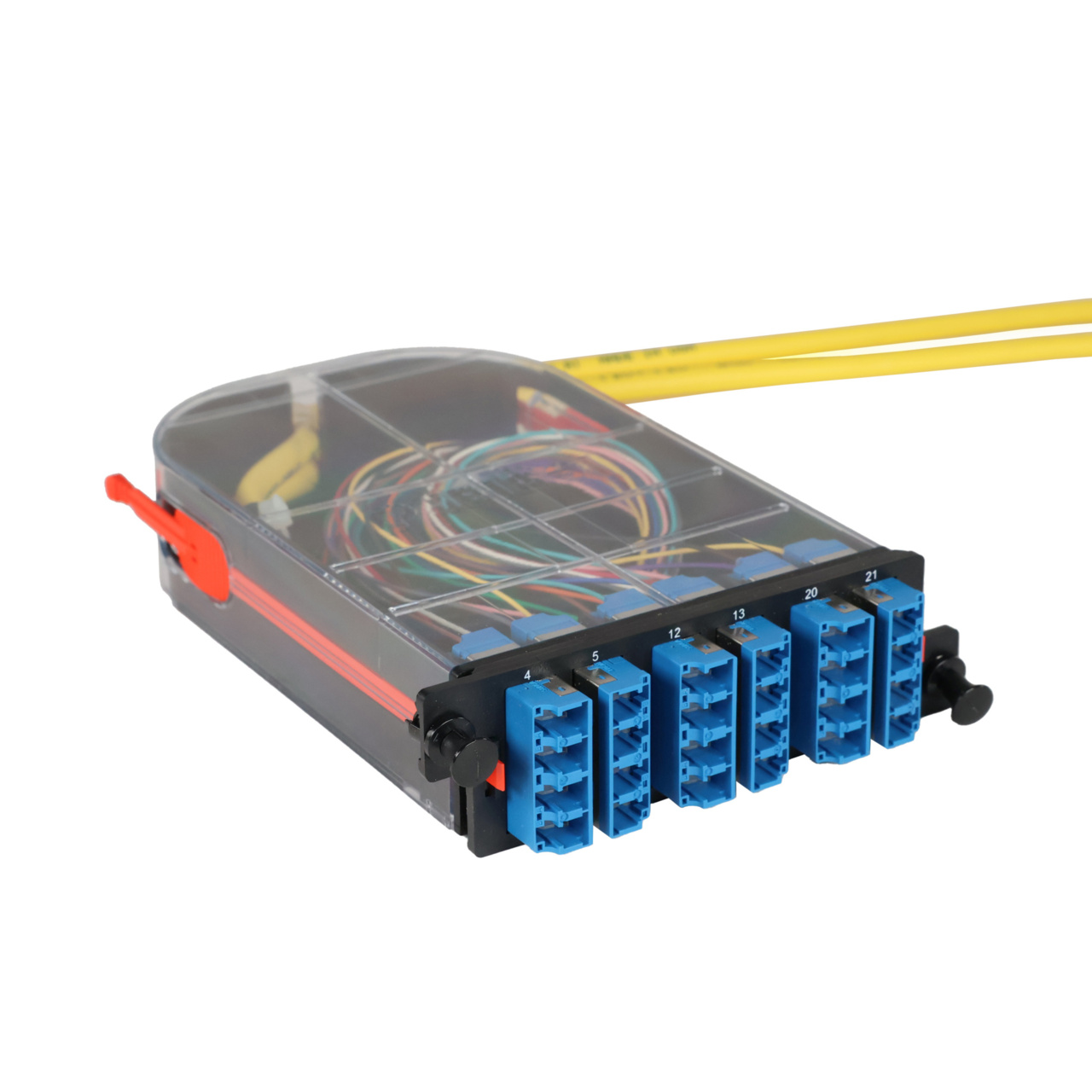 LM4 Cassette, 24 Fiber, LC Quad (6), Single Mode (OS2) to 1 Meter, 900µm Tight Buffer Pigtail trimetric right