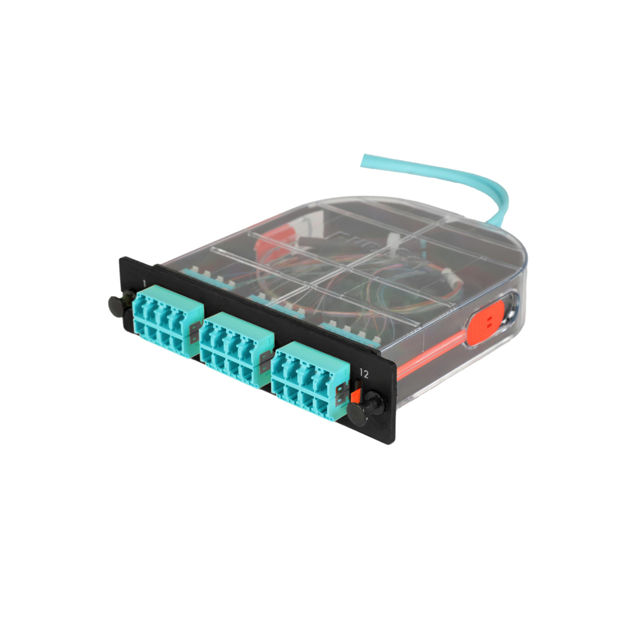 LM2 Cassette, 24 Fiber, LC Quad (6), Multimode (OM4) to 1 Meter, 250µm Ribbon Pigtail trimetric left