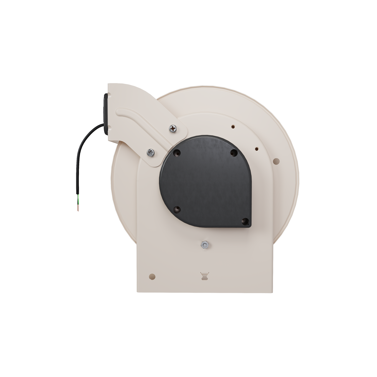 Back view of a 1000 Series industrial cable reel featuring a beige housing, black center panel with a flying lead connector.