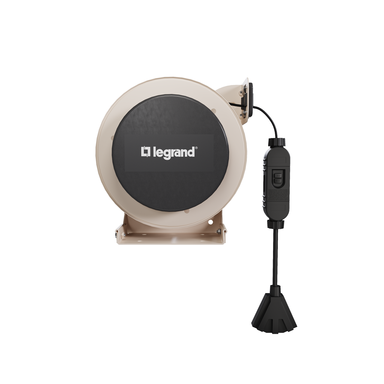 Front view of a 1000 Series industrial cable reel featuring a beige housing, black center panel with the Legrand logo, and an extended black tri-tap connector.