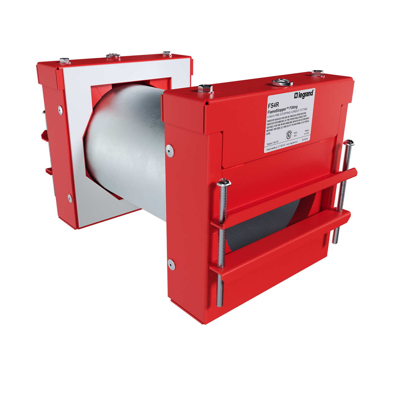 Firestop penetration seal with metal pipe and red mounting hardware