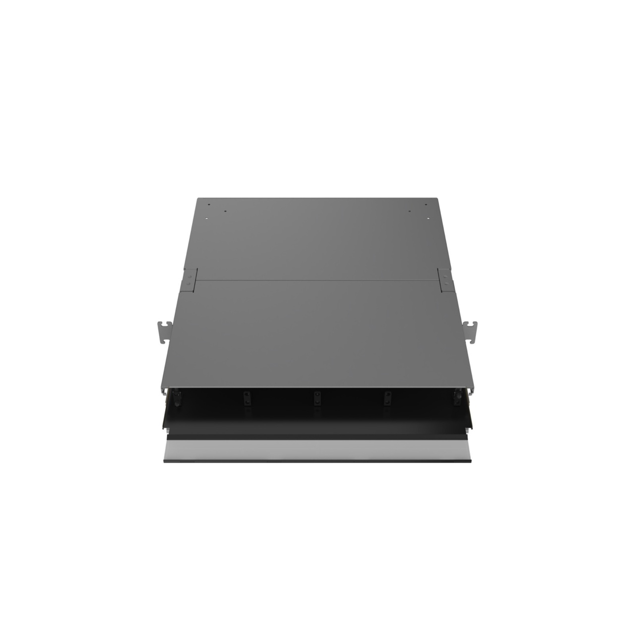 Straight, Angled Down, Front Door Open View of 1U Q-series HD Magnesium Fiber Enclosure (EQ01U-KHL-M)
