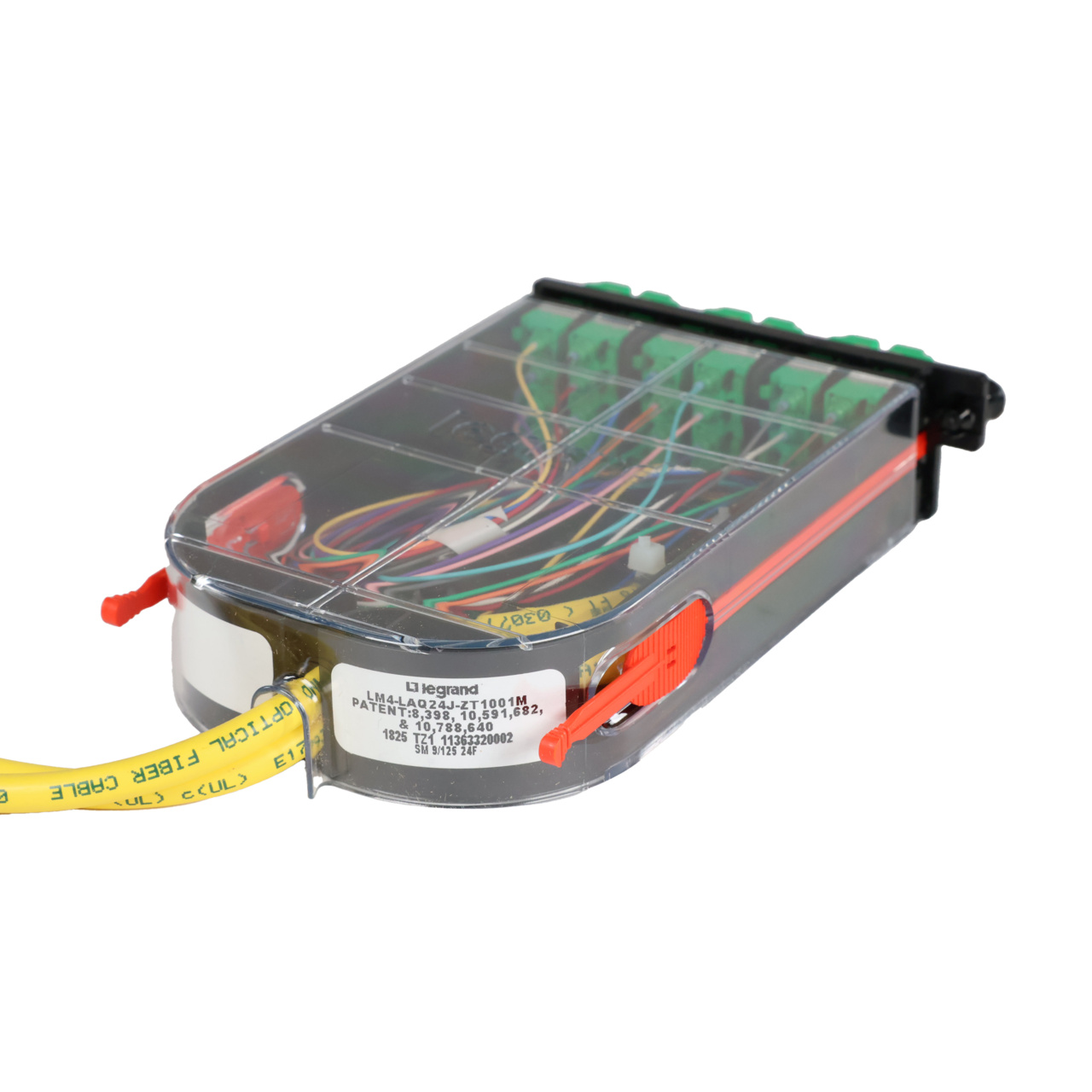 LM4 Cassette, 24 Fiber, LCA Quad (6), Single Mode (OS2) to 1 Meter, 900µm Tight Buffer Pigtail back