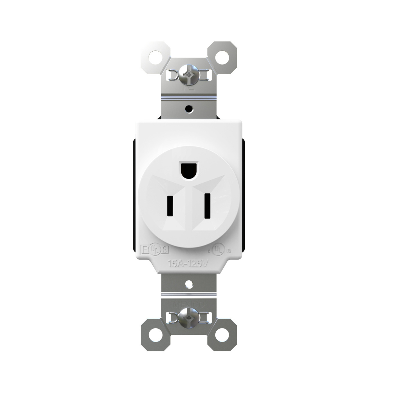 Straight on view of white plugtail receptacle