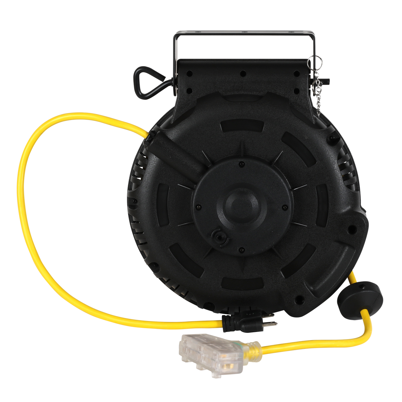 Black and yellow 800 series cable reel with a retractable extension cord, durable round housing, built-in handle and mounting bracket, and grounded plug.