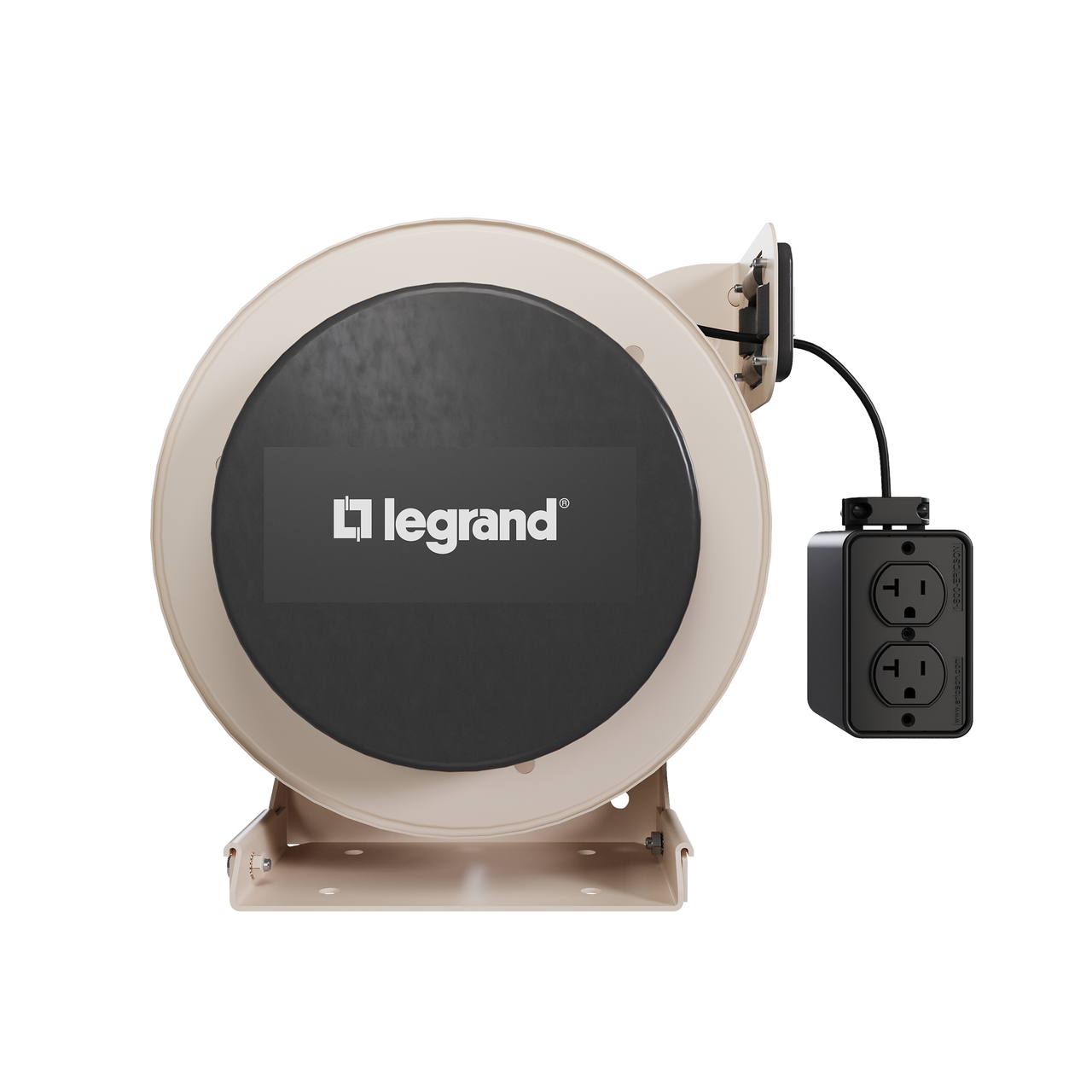Front view of a 1000 Series industrial cable reel featuring a beige housing, black center panel with the Legrand logo, and an extended black Quad RB connector.