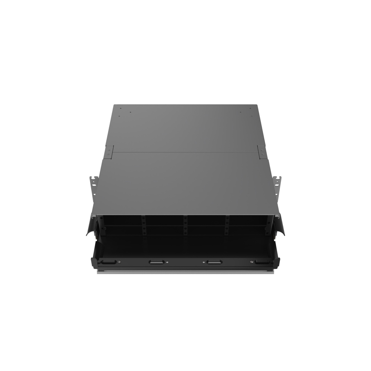 Straight, Angled Down, Front Door Open View of 2U Q-series HD Magnesium Fiber Enclosure (EQ02U-KHL-M)