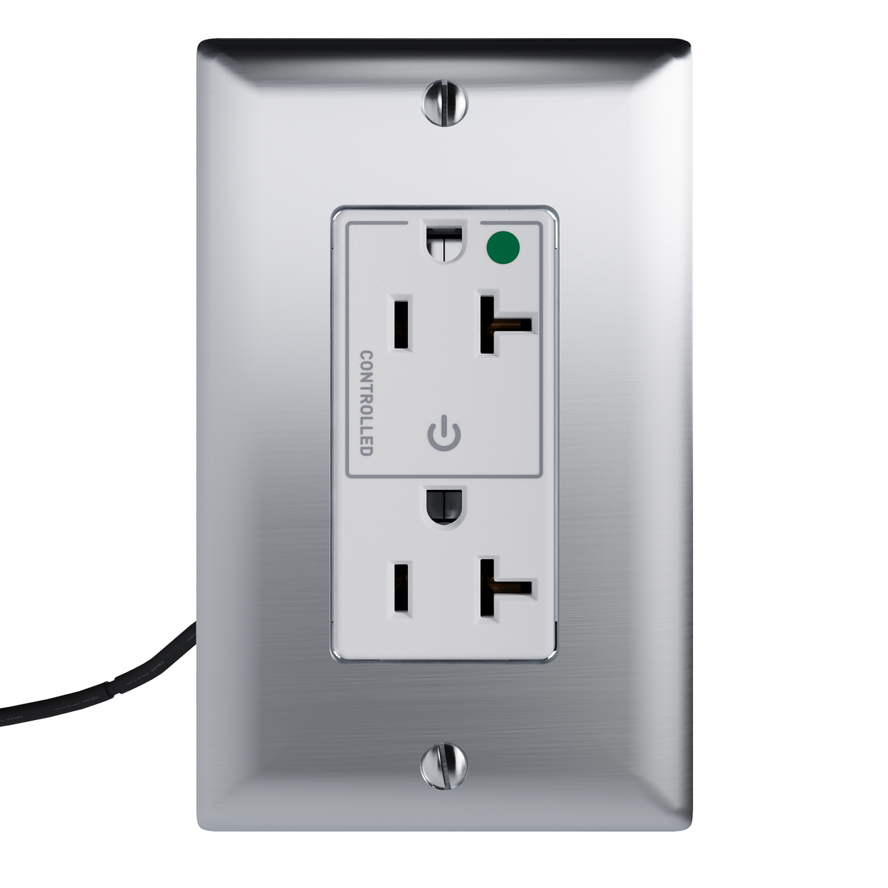 White half-controlled PlugTail tamper-resistant decorator receptacle with a green hospital-grade control dot, auto-ground clip, and large brass terminal blades for reliable electrical connection on a white background.