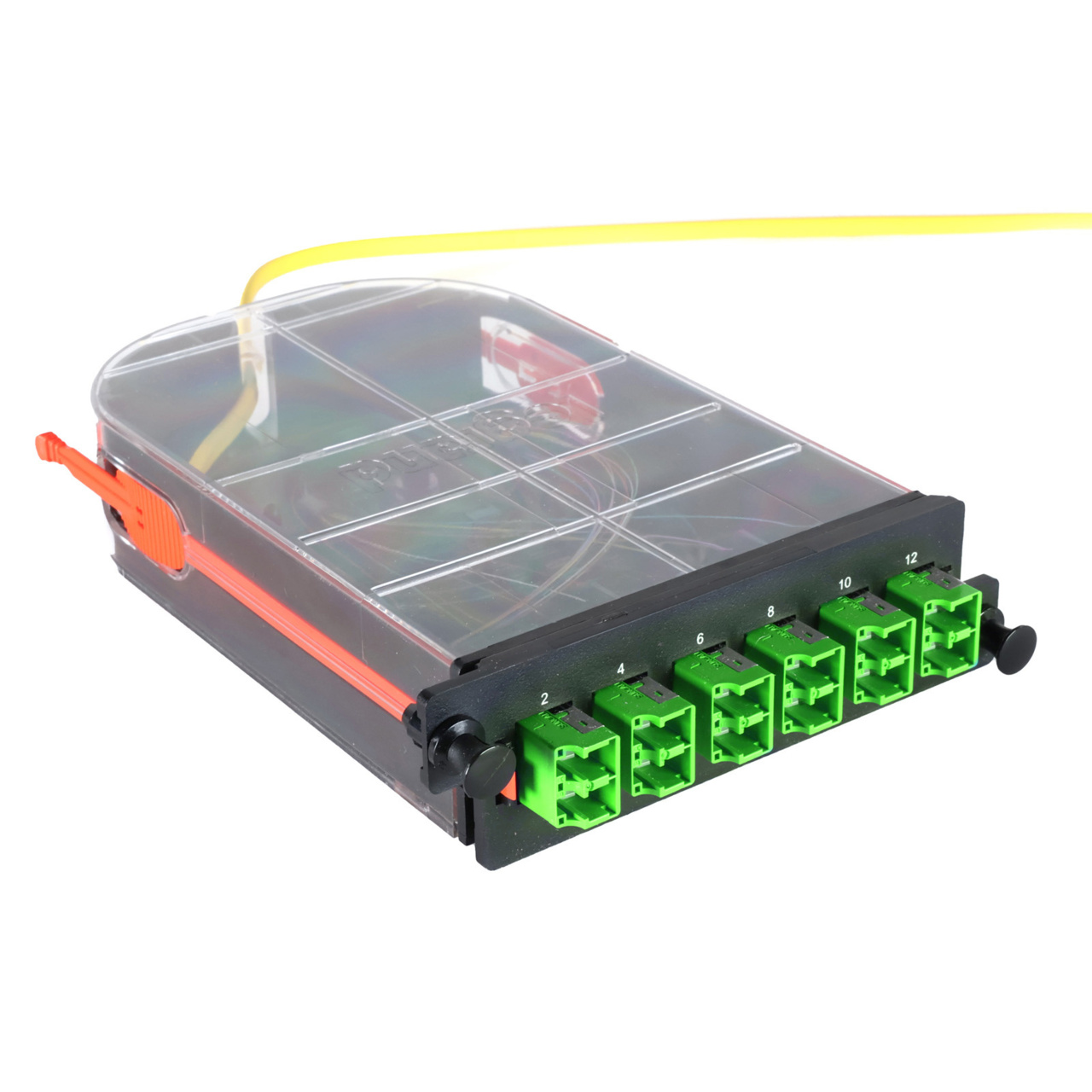 LM4 Cassette, 12 Fiber, LCA Duplex (6), Single-Mode (OS2) to 1 Meter Pigtail trimetric right.