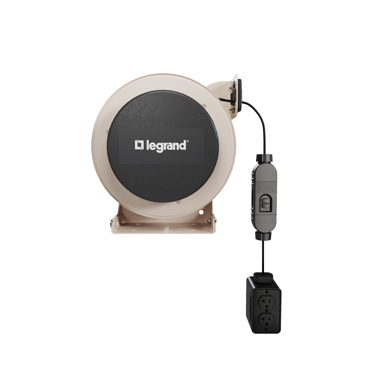 Front view of a 1000 Series industrial cable reel featuring a beige housing, black center panel with the Legrand logo, and an extended black Quad RB GFCI connector.