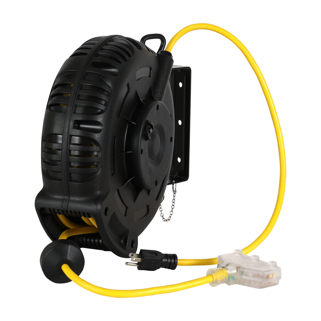 Black and yellow 800 series cable reel with a retractable extension cord, durable round housing, built-in handle and mounting bracket, and grounded plug.