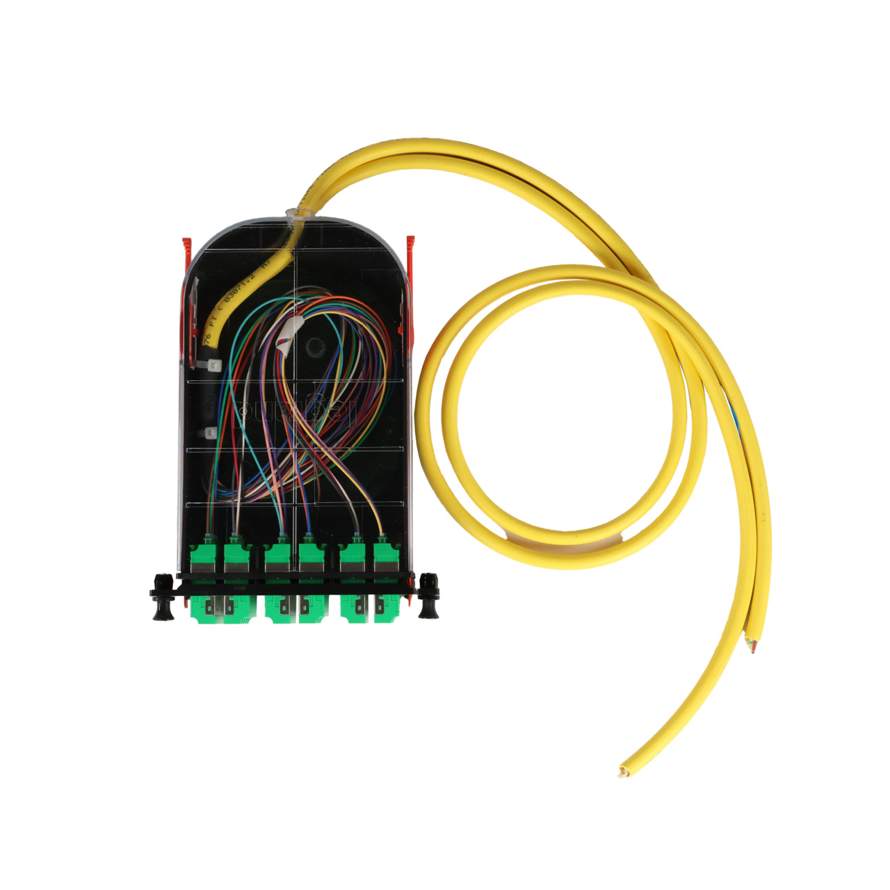 LM4 Cassette, 24 Fiber, LCA Quad (6), Single Mode (OS2) to 1 Meter, 900µm Tight Buffer Pigtail top with cable