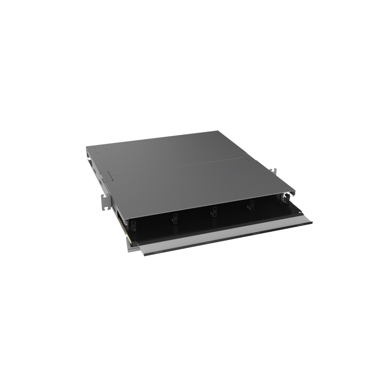 Angled Right, Front Door Open View of 1U Q-series HD Magnesium Fiber Enclosure (EQ01U-KHL-M)