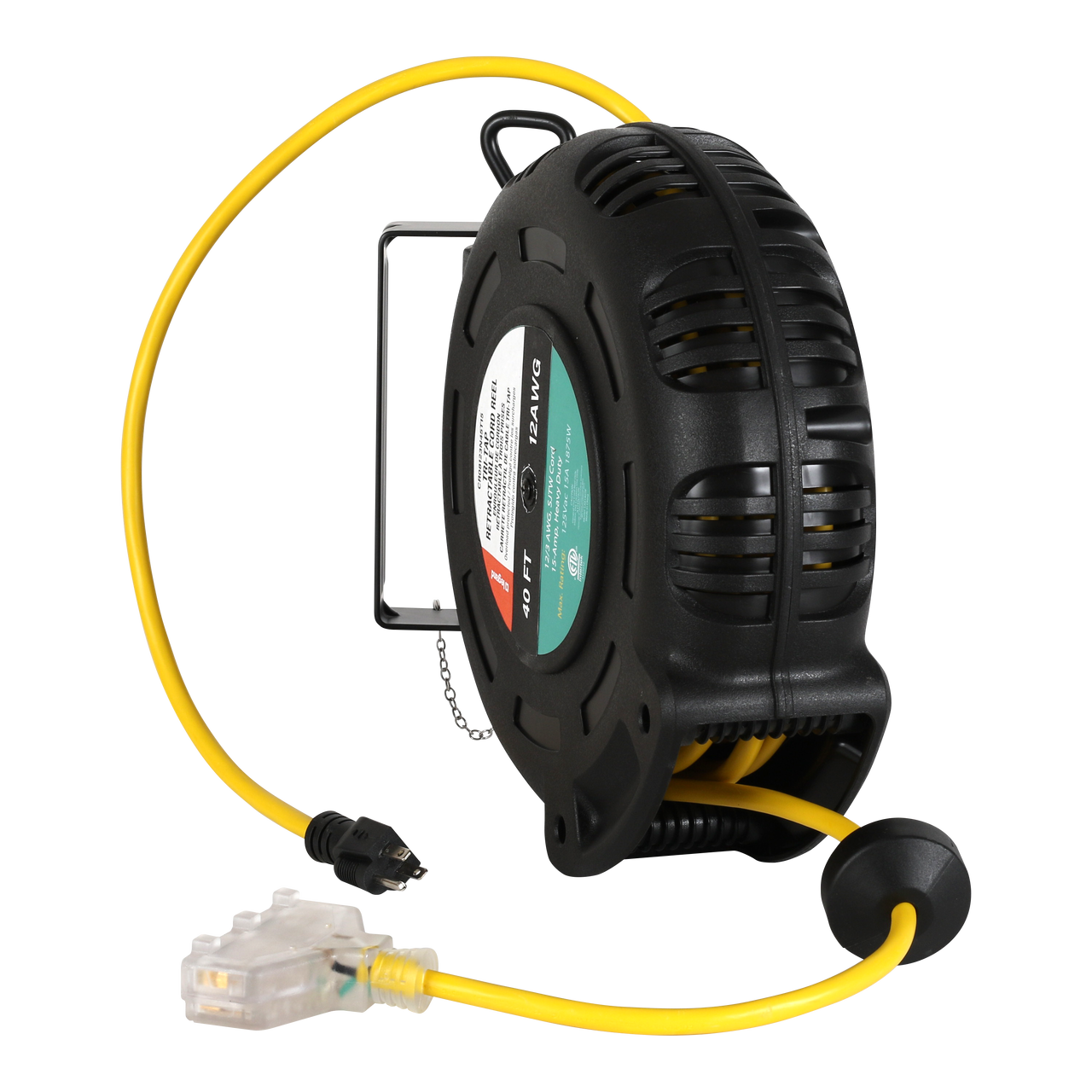 Black and yellow 800 series cable reel with a retractable extension cord, durable round housing, built-in handle and mounting bracket, and grounded plug.