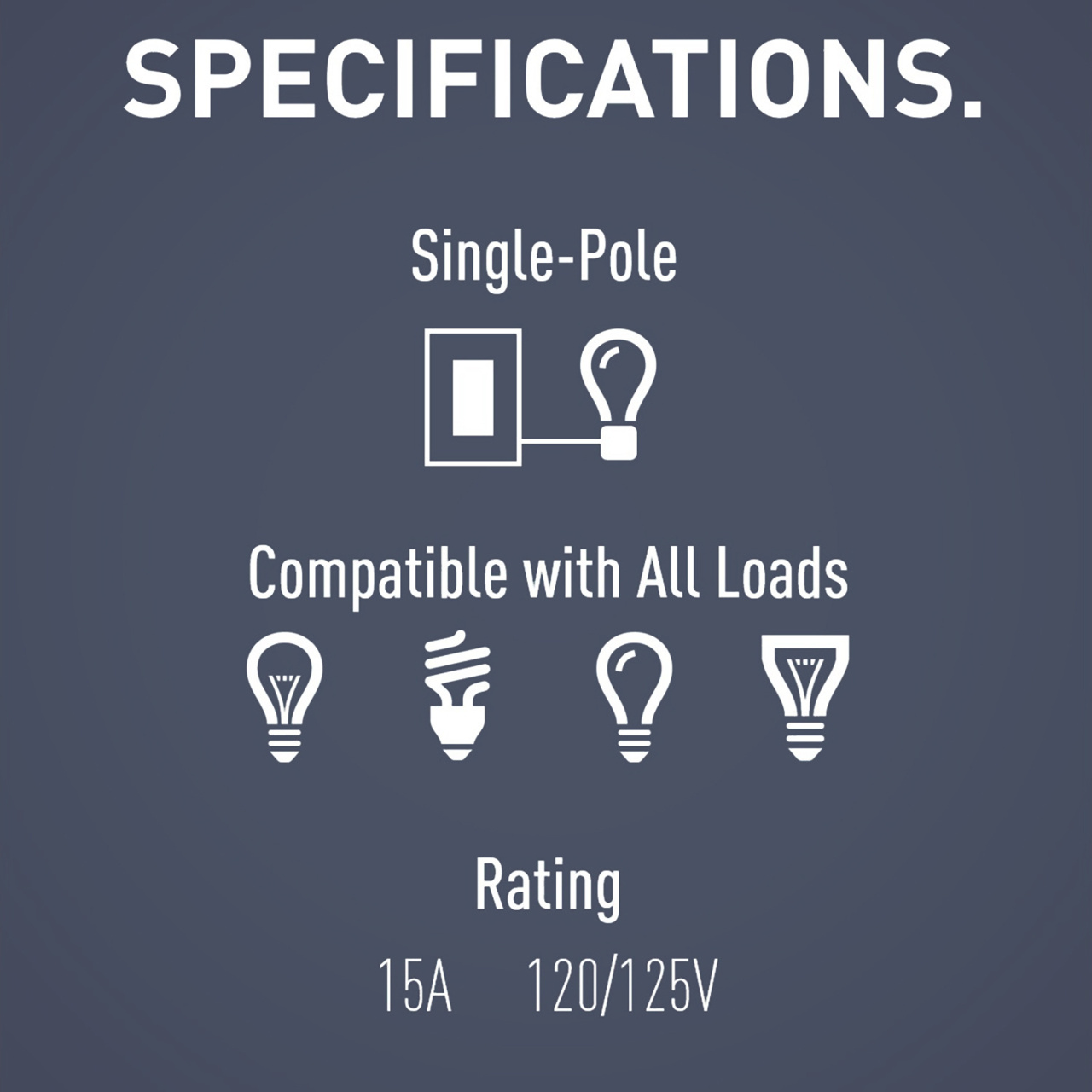 Specifications: Single Pole, Compatible with all loads, 15A 120/125V Rating