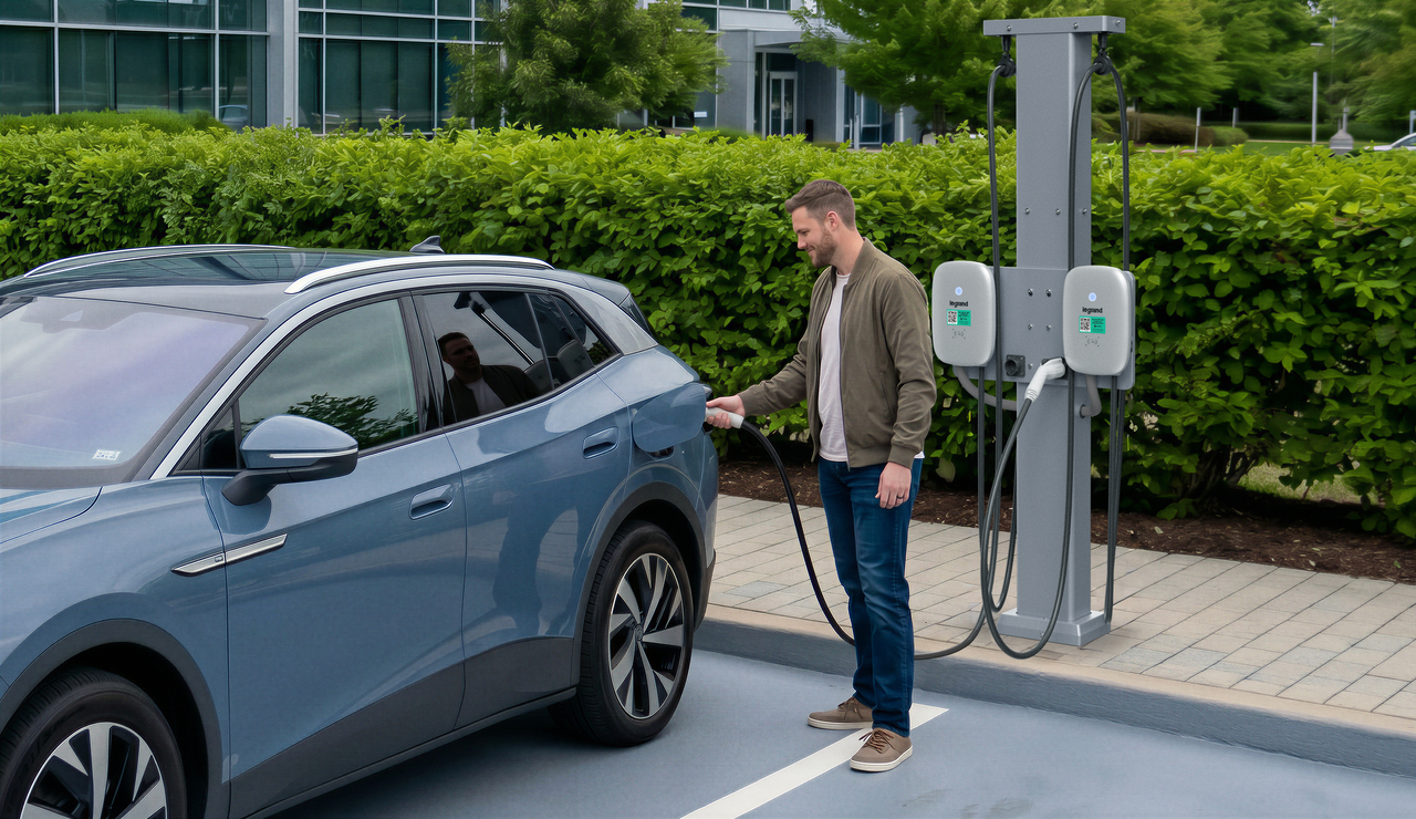 Networked EV Chargers on cable management pedestal. Customers/Employee charging in front of a commerical office building.
