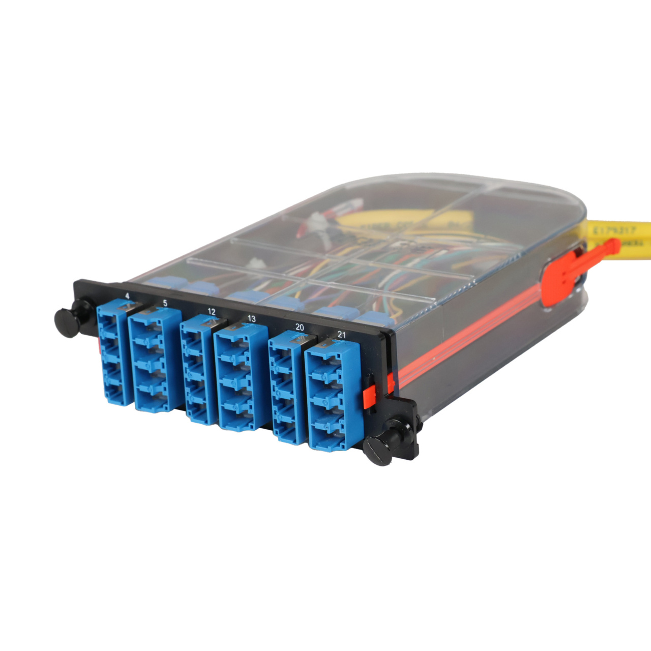LM4 Cassette, 24 Fiber, LC Quad (6), Single Mode (OS2) to 1 Meter, 900µm Tight Buffer Pigtail trimetric left