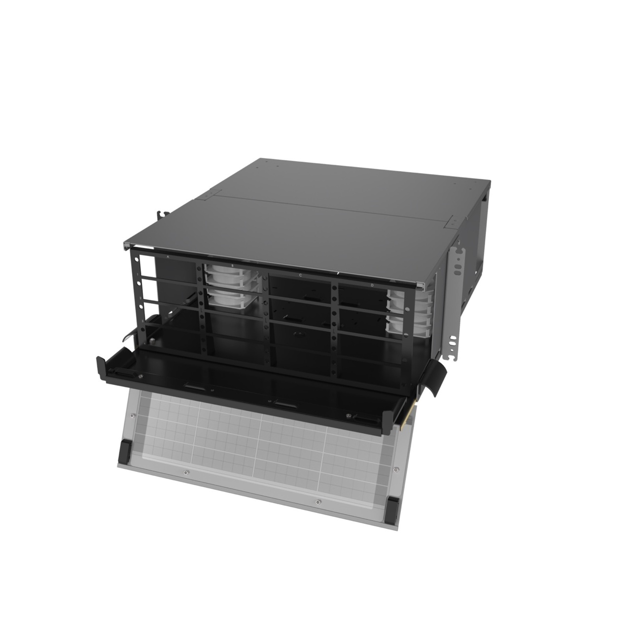 Angled Left, Front Door Open View of 4U Q-series HD Magnesium Fiber Enclosure (EQ04U-KHL-M)