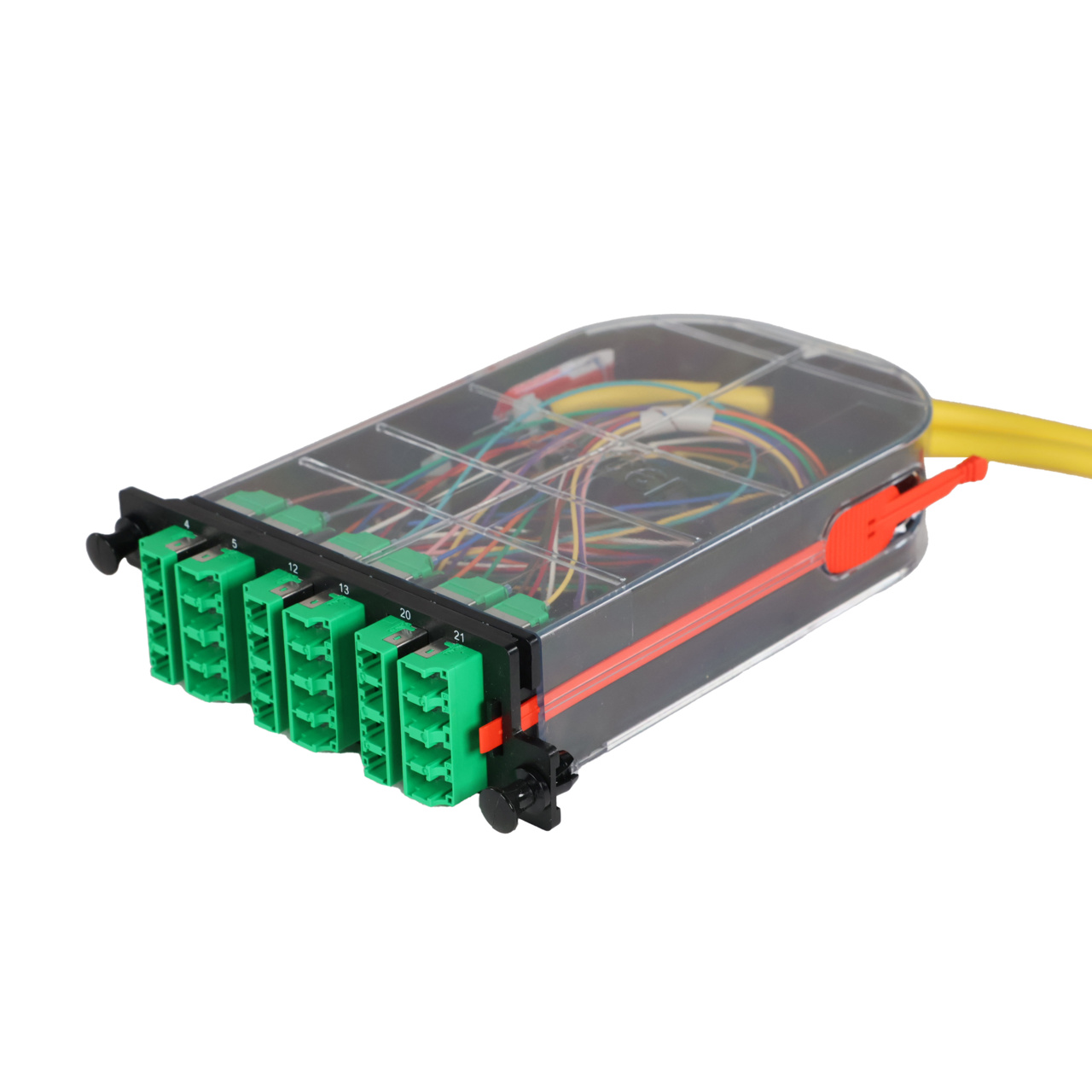 LM4 Cassette, 24 Fiber, LCA Quad (6), Single Mode (OS2) to 1 Meter, 900µm Tight Buffer Pigtail trimetric left